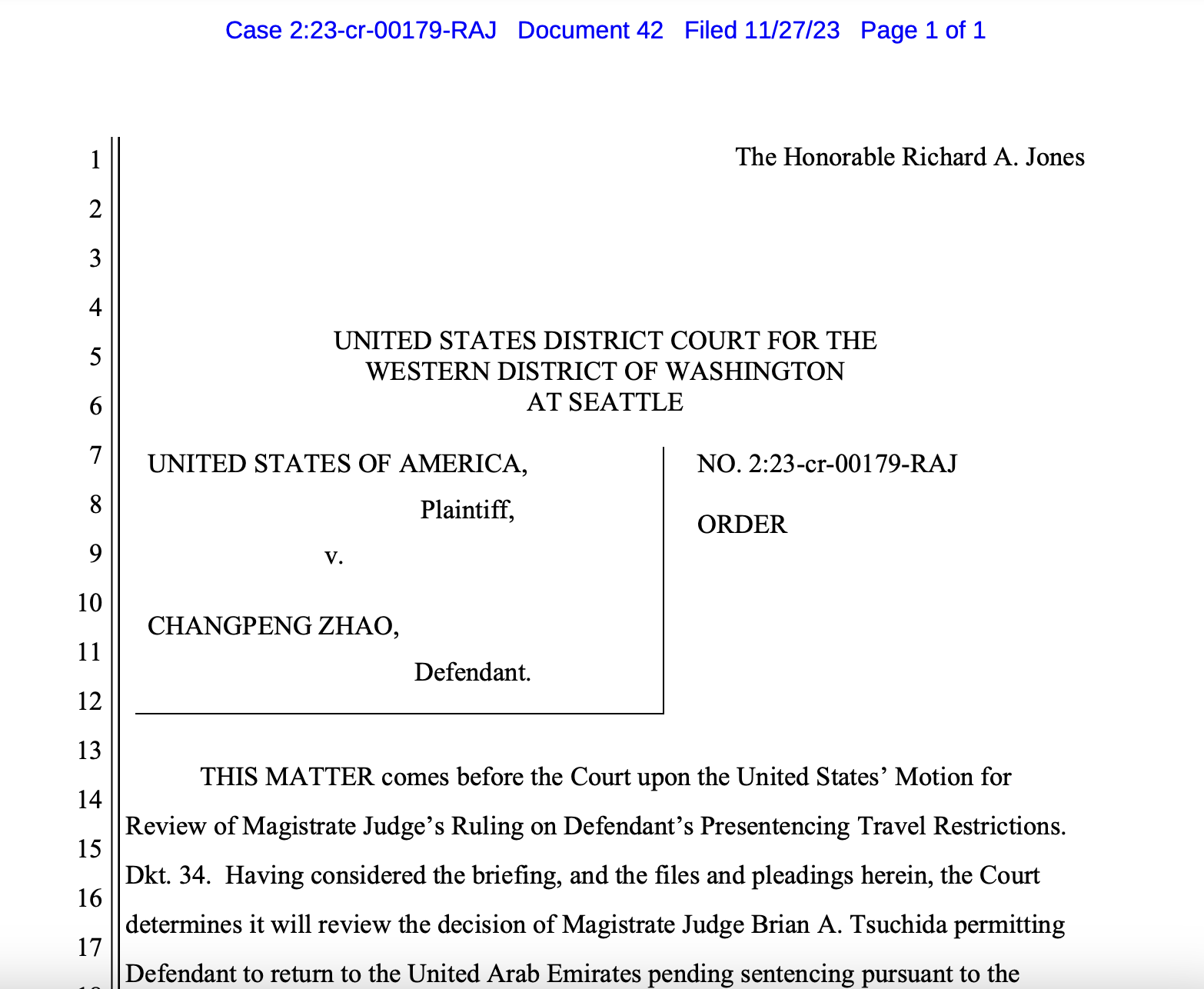 Changpeng Zhao may not leave the US pending court review, says judge