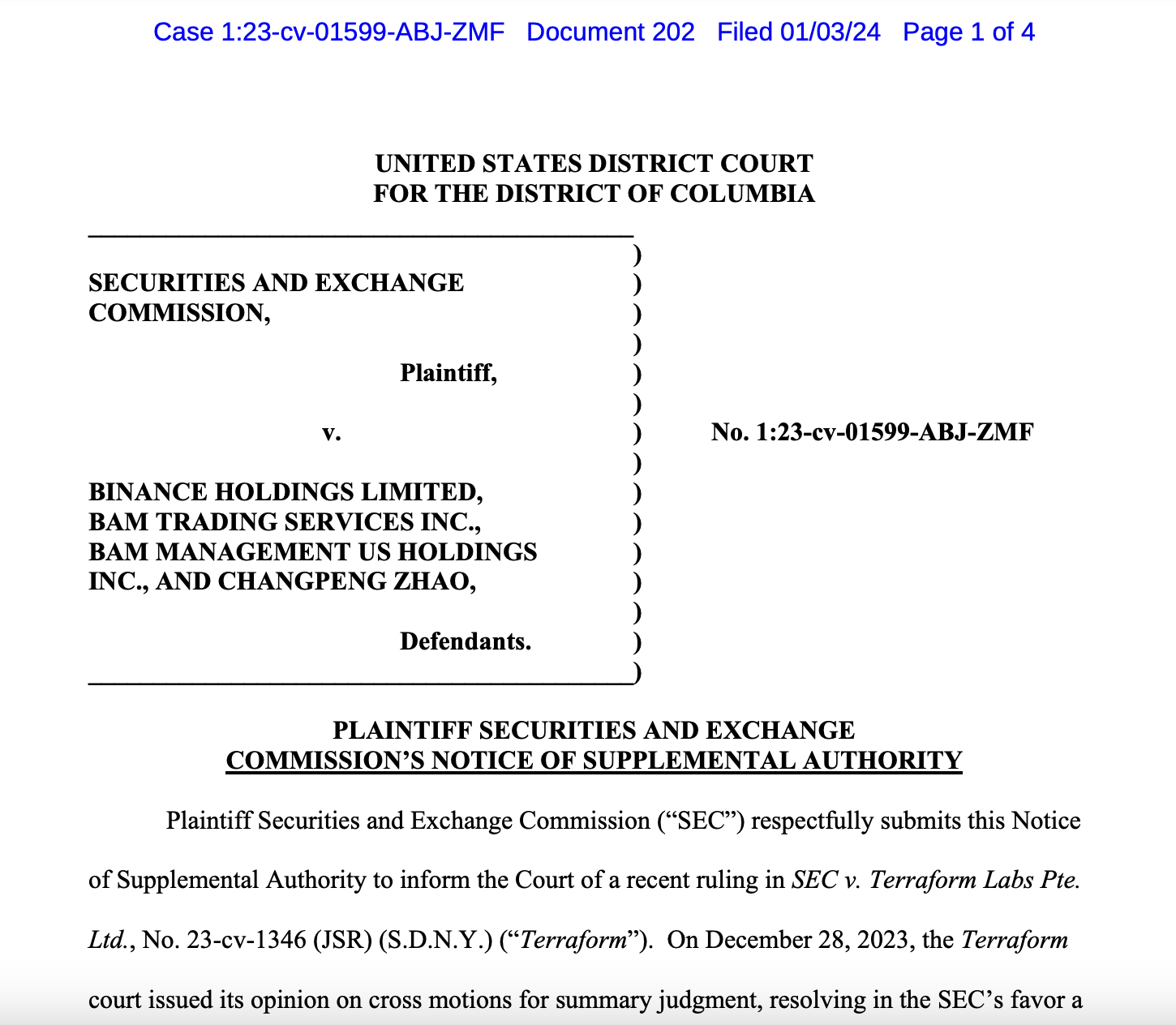 SEC asks court to consider Terraform Labs ruling in Binance case