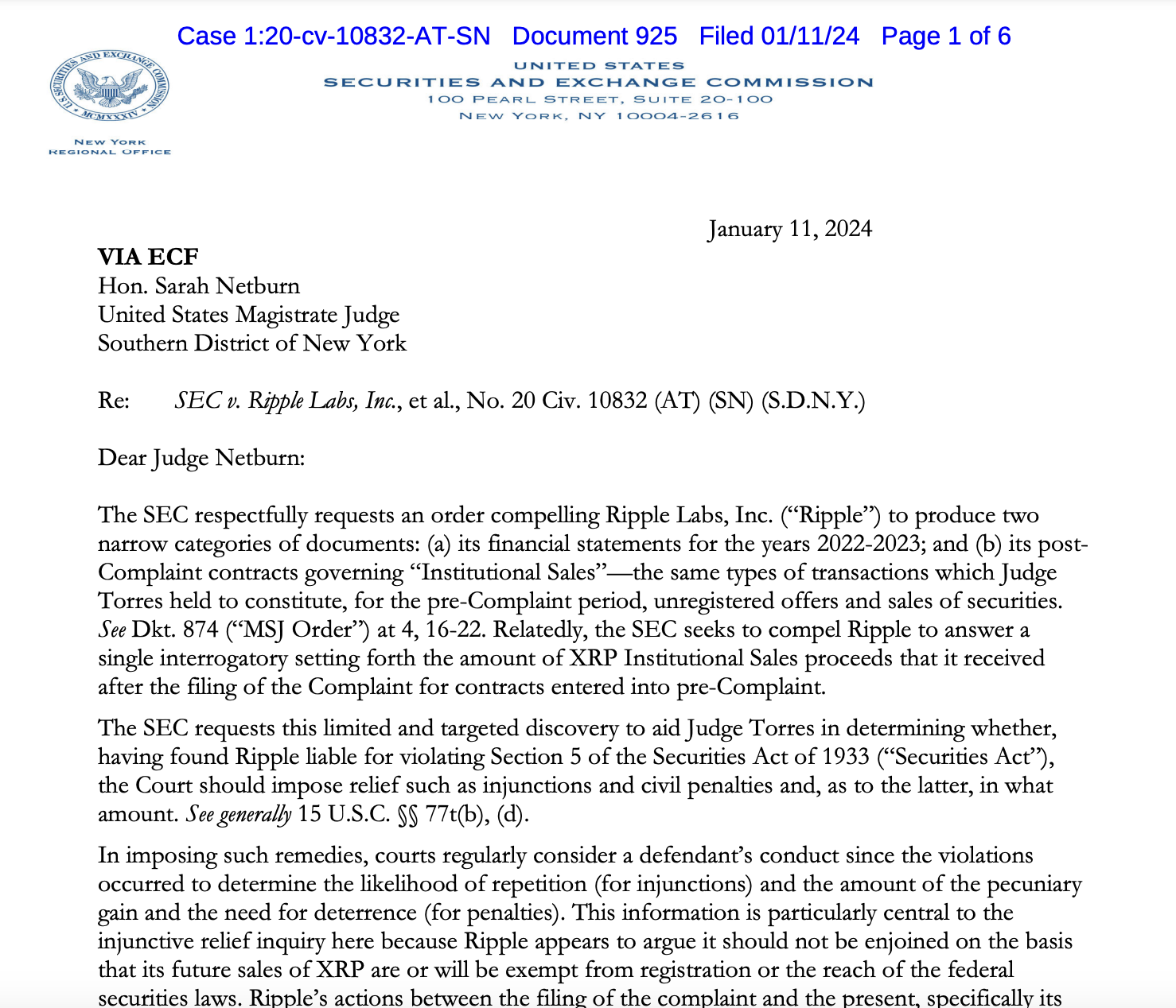 SEC wants court to compel Ripple to produce financial statements
