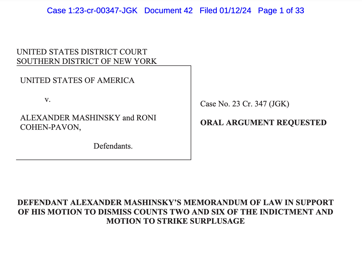 Alex Mashinsky seeks dismissal of two charges, asks court not to mention Celsius bankruptcy