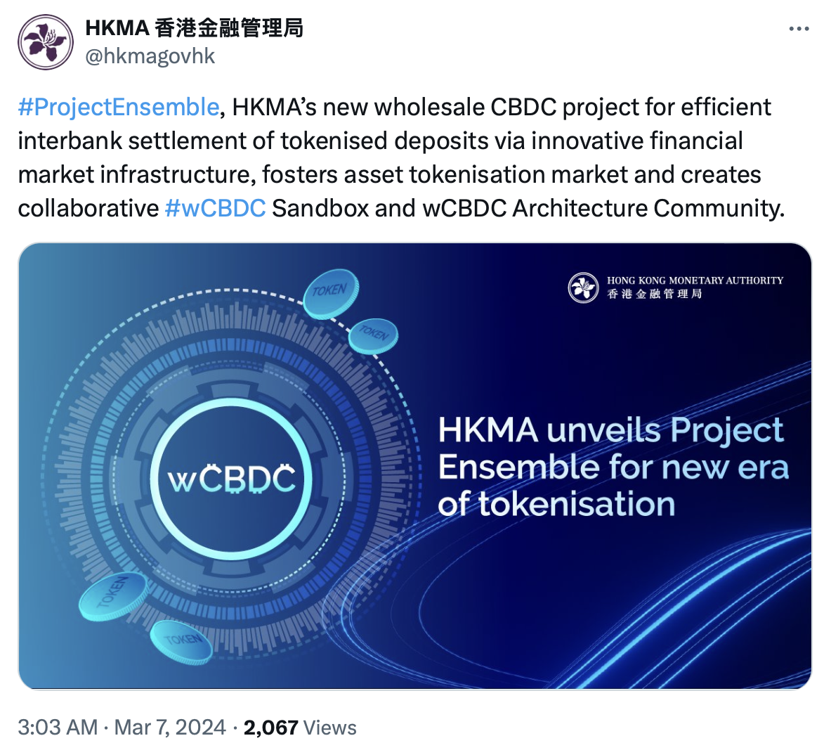 Hong Kong launches Project Ensemble to support tokenization with wCBDC