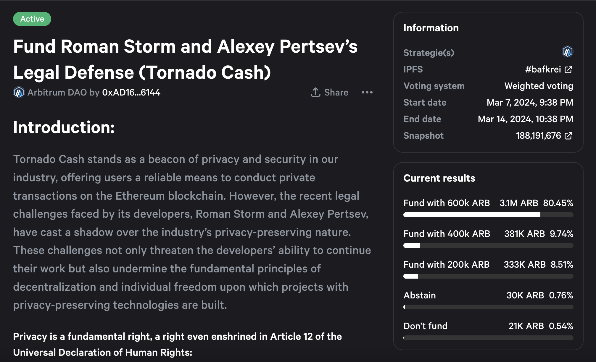 Arbitrum DAO votes on $1M fund for Tornado Cash devs' legal defense