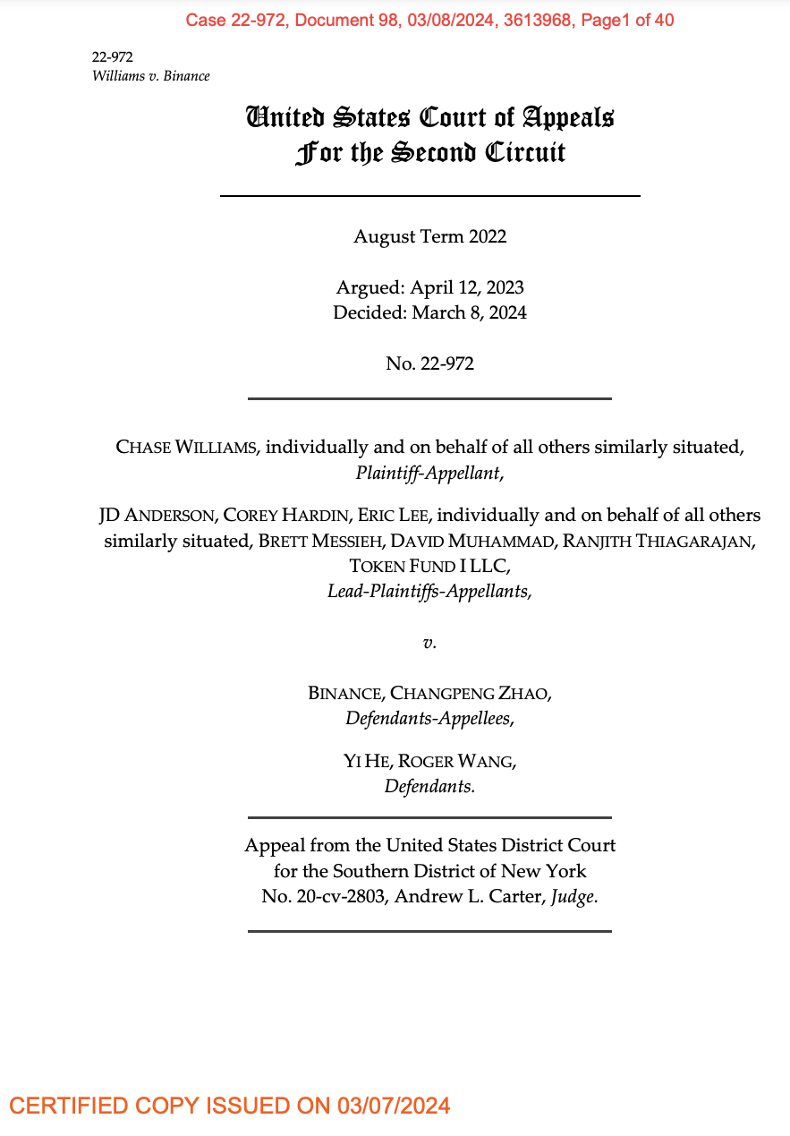 Binance class-action lawsuit dismissal reversed by appeals court