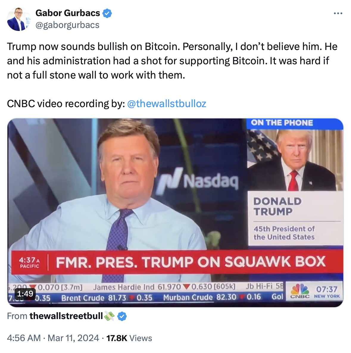 Trump indicates he might be tolerant of cryptocurrency if elected