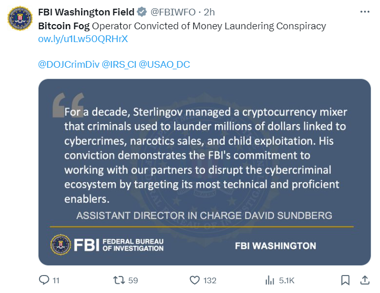 Bitcoin Fog crypto mixer founder guilty of money laundering, jury finds