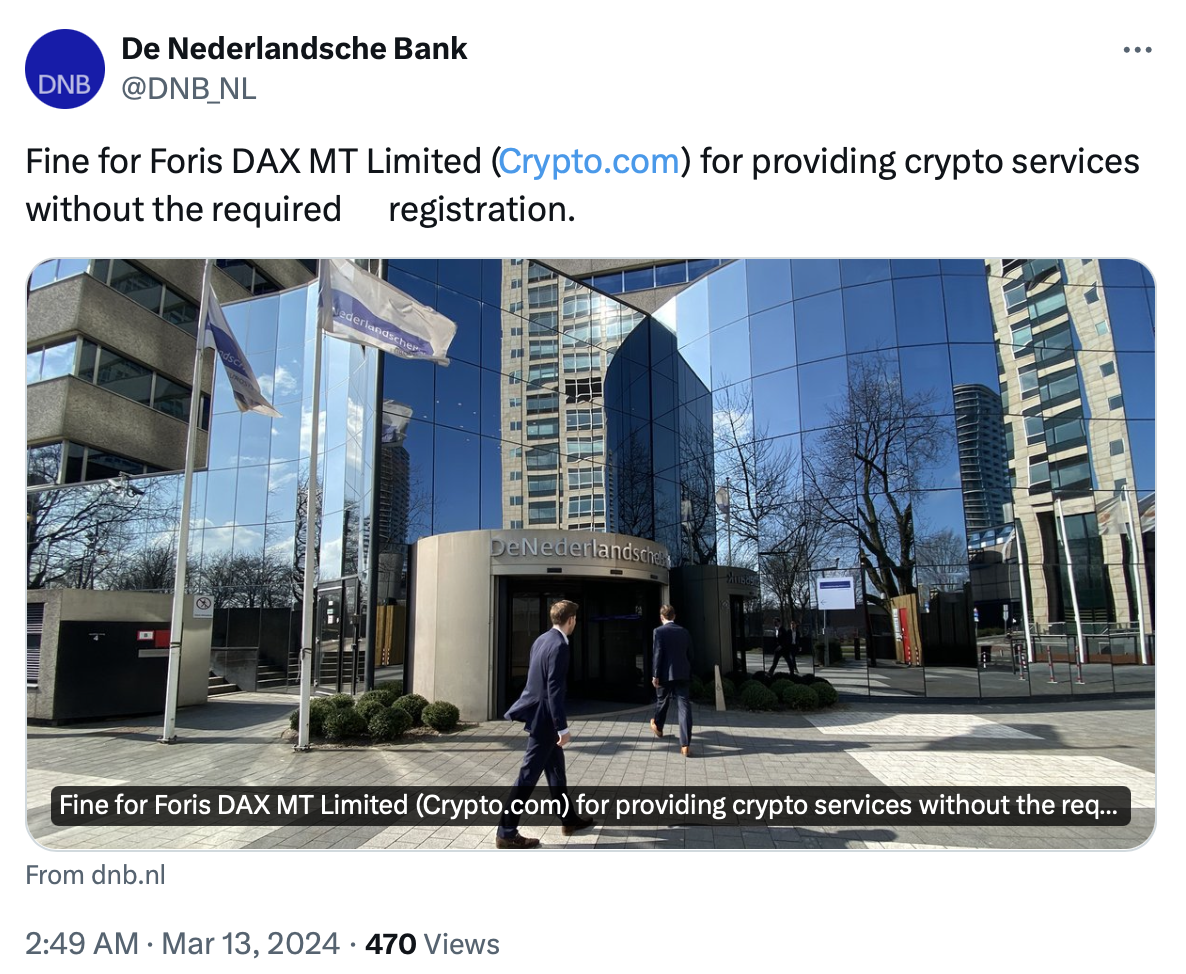 Dutch central bank reveals it fined Crypto.com for registration violations