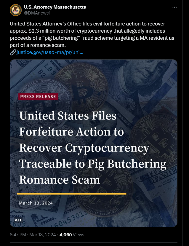 US attorney seeks to reclaim $2.3M crypto from ‘pig butchering’ scheme