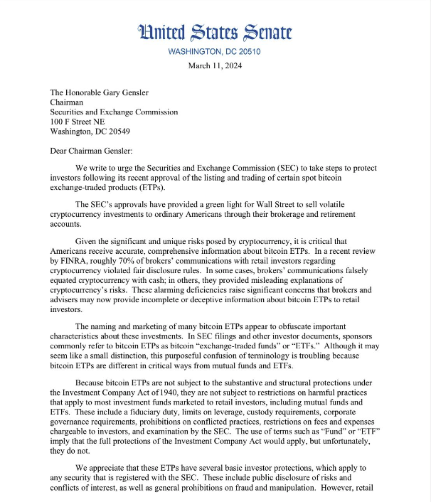 Senators pressure SEC’s Gensler not to approve any more crypto ETFs