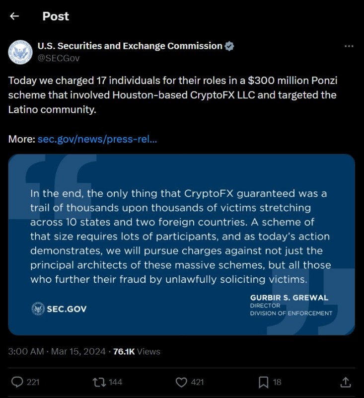 SEC busts CryptoFX for running $300M Ponzi scheme
