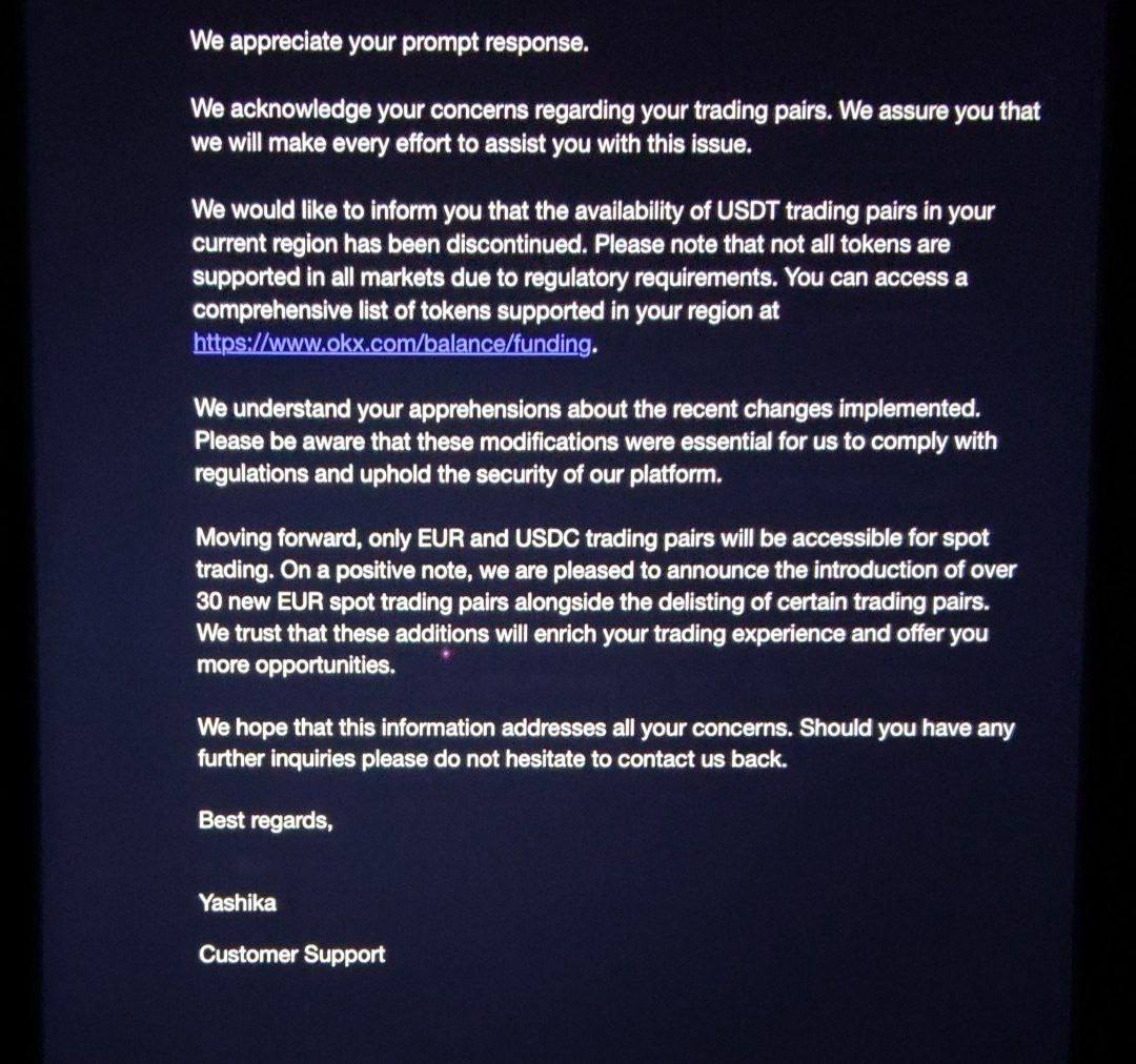 OKX reportedly delists USDT pairs in Europe