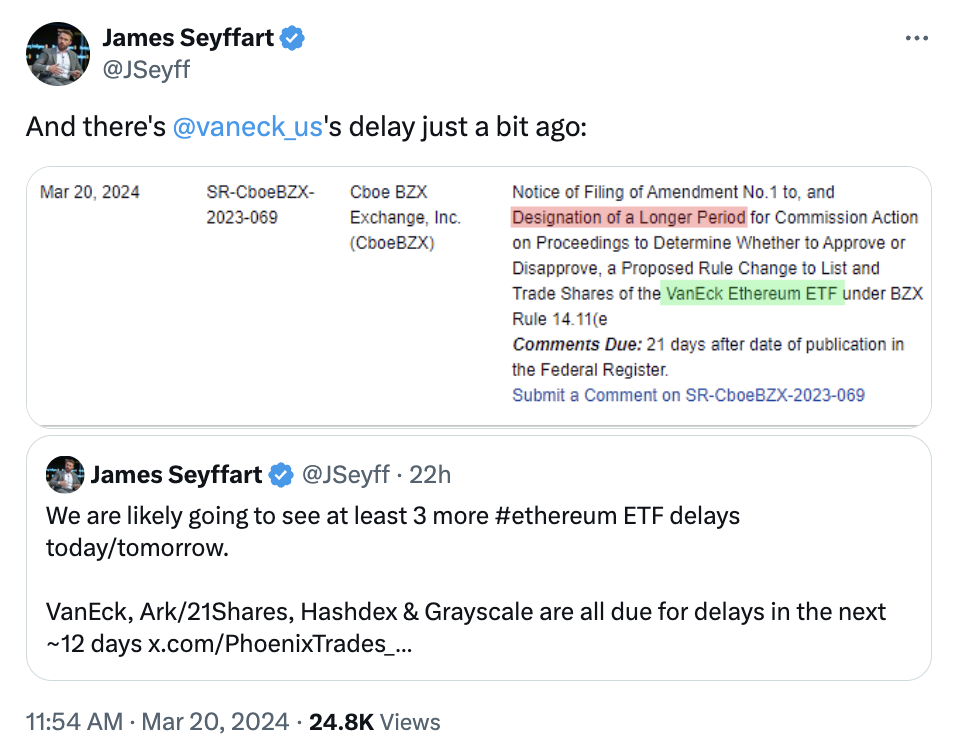 SEC pushes deadline on VanEck spot Ether ETF application