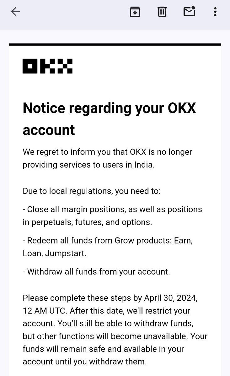 OKX terminates services in India, asks users to withdraw funds by April 30