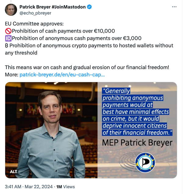 EU scraps proposed $1K payment limit for self-custody crypto wallets