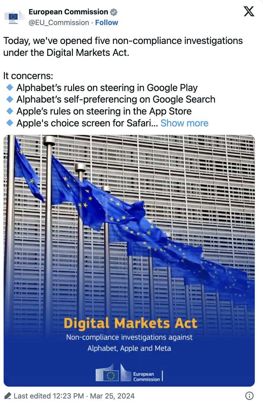 EU launches probe into Apple, Google, Meta over violation of Digital Markets Act