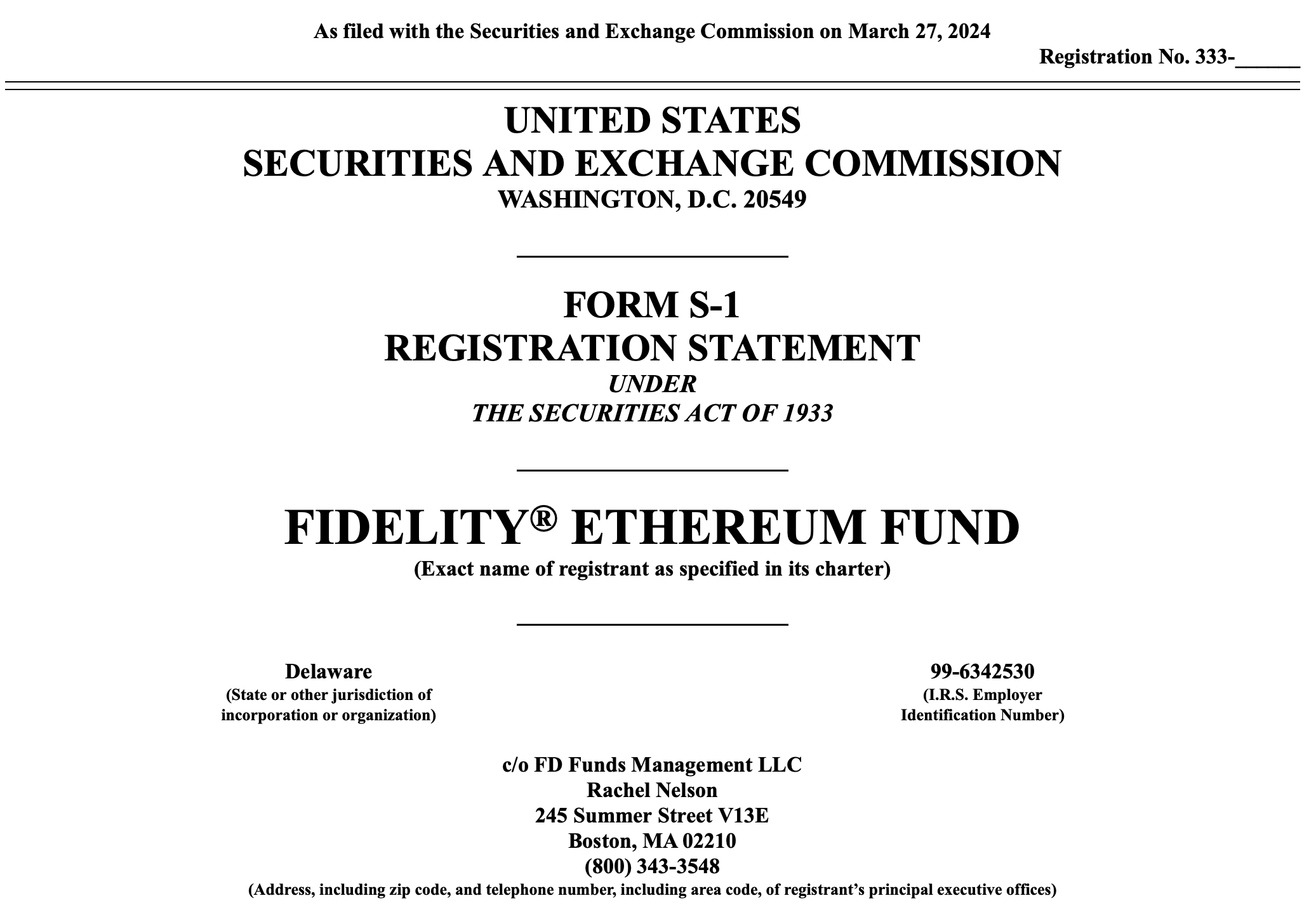 Fidelity files S-1 application with US SEC for spot ETH EFT with staking