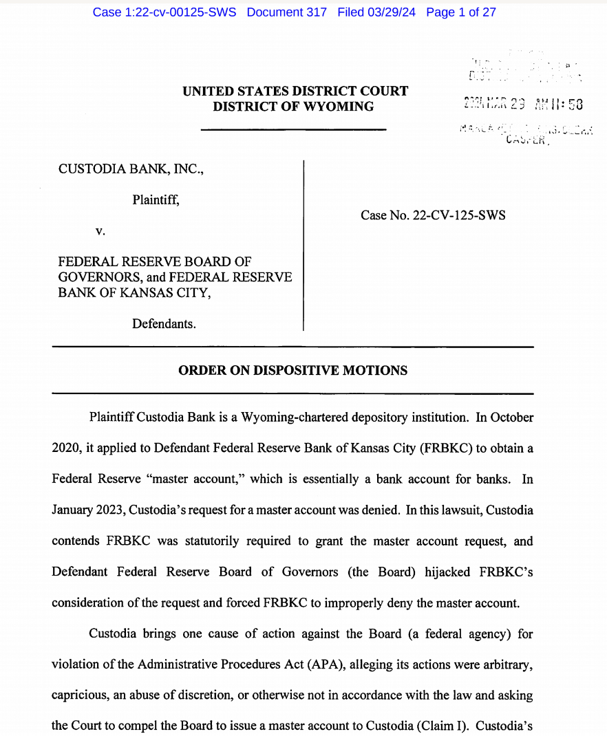 US court favors Fed in Custodia Bank case, rejects appeal for review