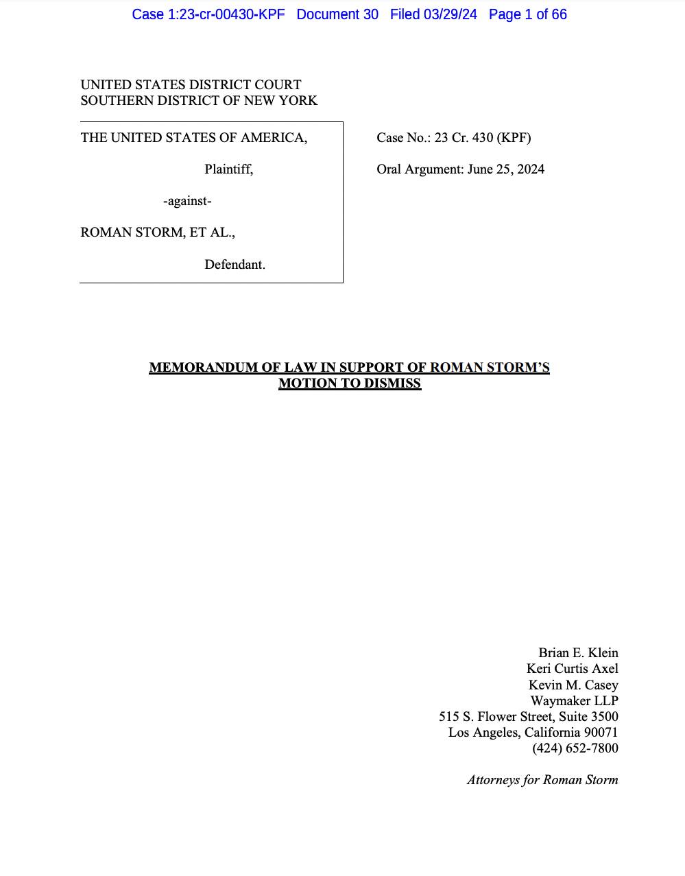 Tornado Cash co-founder requests dismissal of money laundering charges