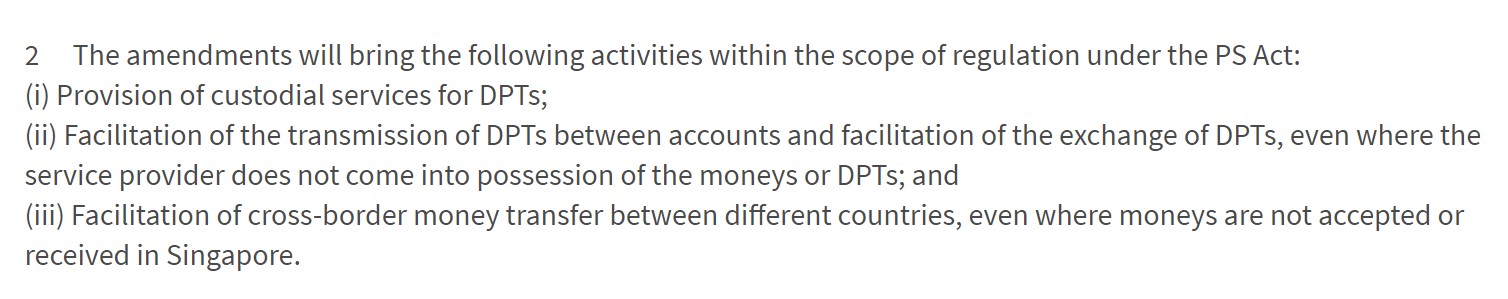 Singapore amends Payment Services Act to cover token custody and transfers