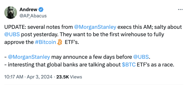 Morgan Stanley wants to beat UBS to become first Bitcoin ETF bank