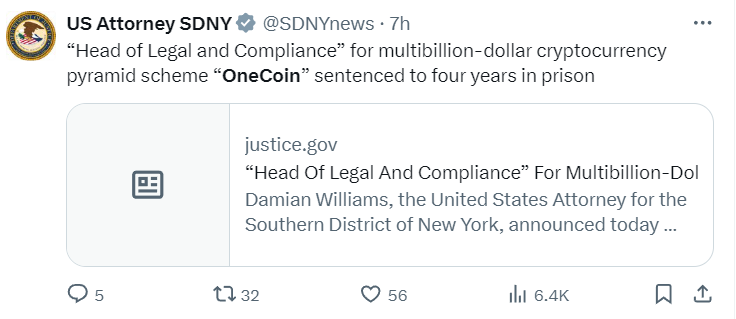 OneCoin’s legal boss gets 4 years jail for massive $4B crypto scam