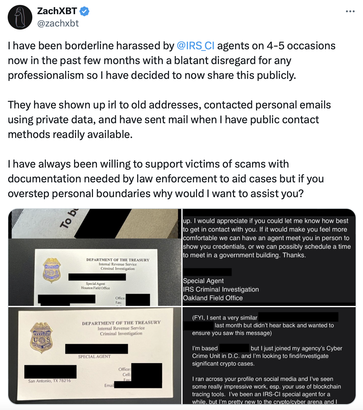 ZachXBT claims he is being ‘borderline harassed’ by US law enforcement