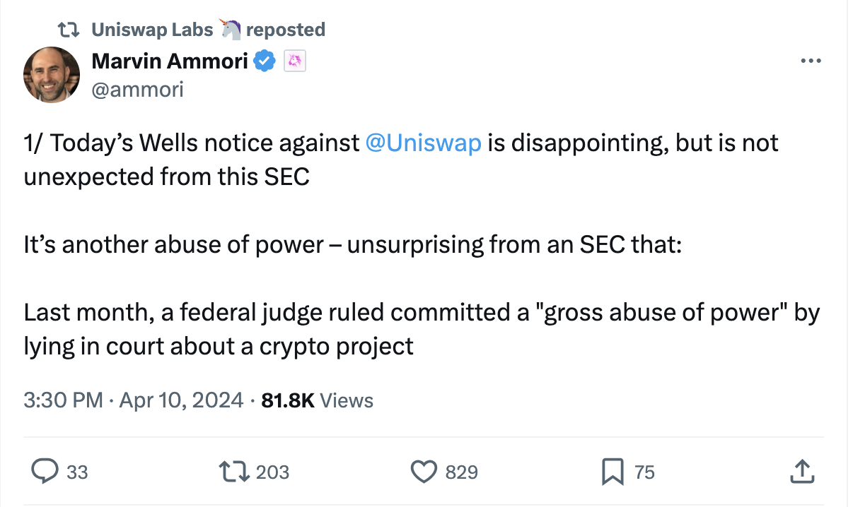 SEC issues Wells notice to DeFi protocol Uniswap