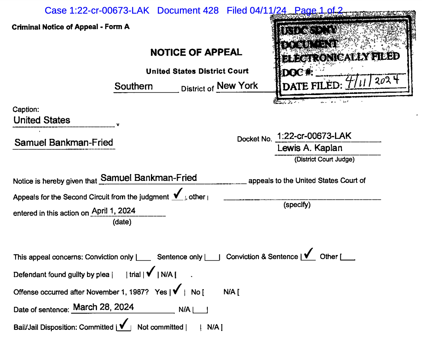 Sam Bankman-Fried files to appeal conviction and sentence