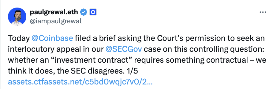 Coinbase requests interlocutory appeal over SEC’s ‘controlling question’
