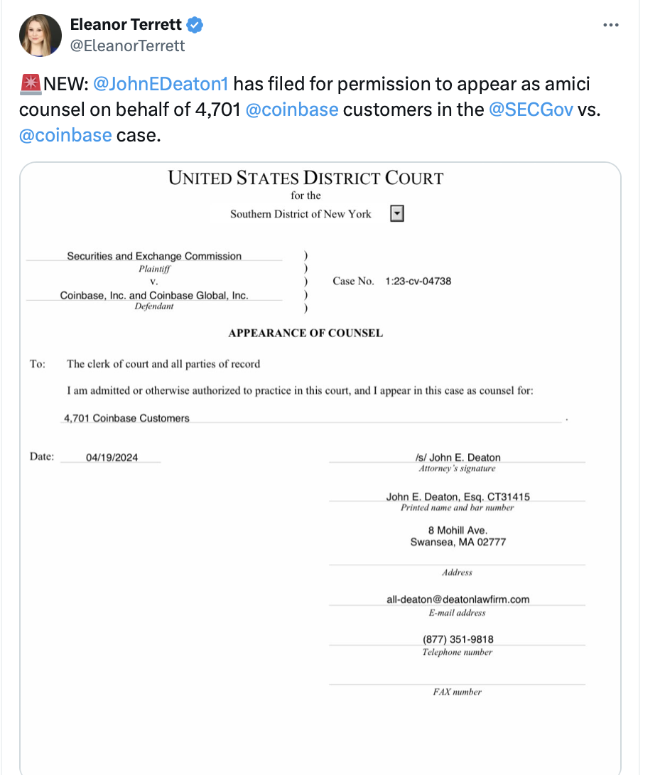 Pro-XRP lawyer requests to be amicus curiae for Coinbase customers