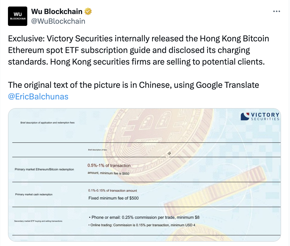 Hong Kong investment firm Victory Securities reveals Bitcoin and Ether ETF fees