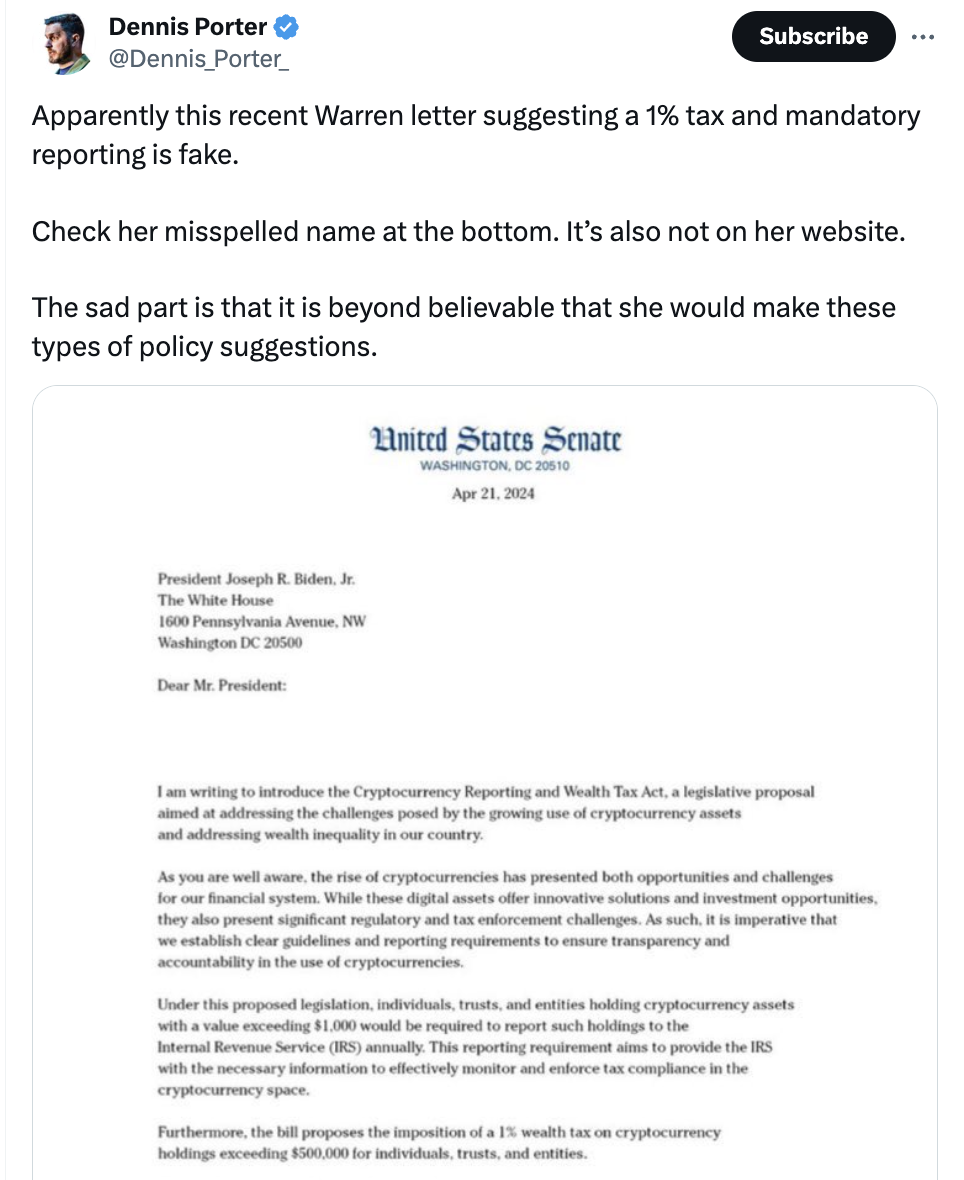 Crypto users fooled by fake Elizabeth Warren letter proposing crypto tax