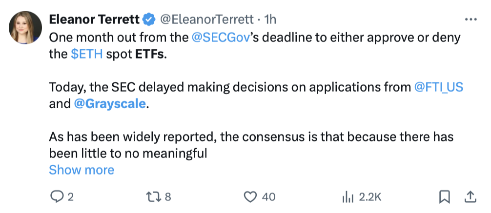 BlackRock, Grayscale have to wait for SEC’s spot ETH ETF decisions