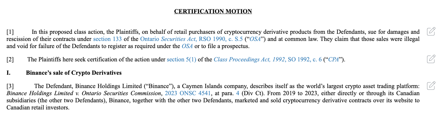 Binance sued in Canada for securities law violations