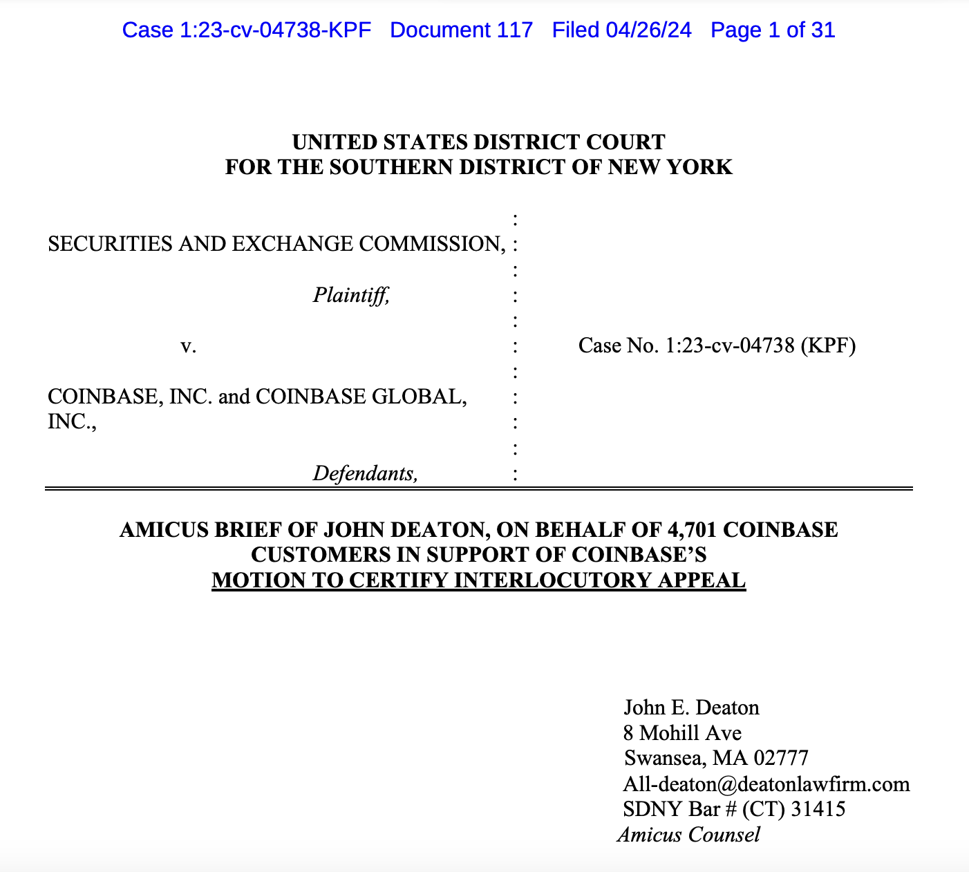 John Deaton files amicus brief in support of Coinbase appeal against SEC