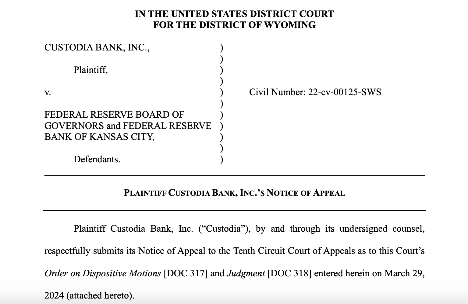 Custodia Bank takes case to higher court after March setback