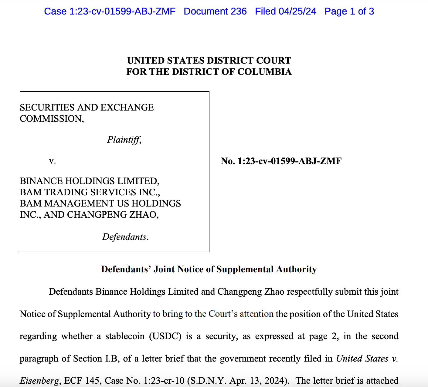 Binance wants the court to know US government’s position on USDC