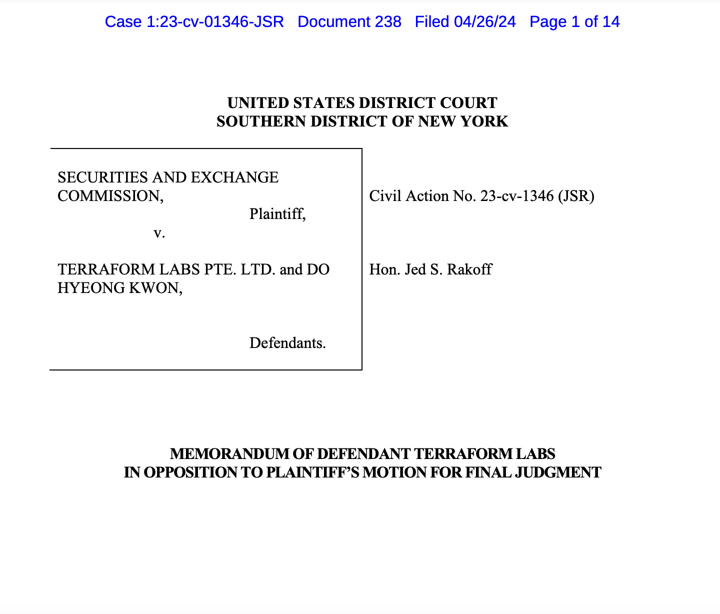 Terraform proposes $1M penalty for SEC case, no relief or disgorgement