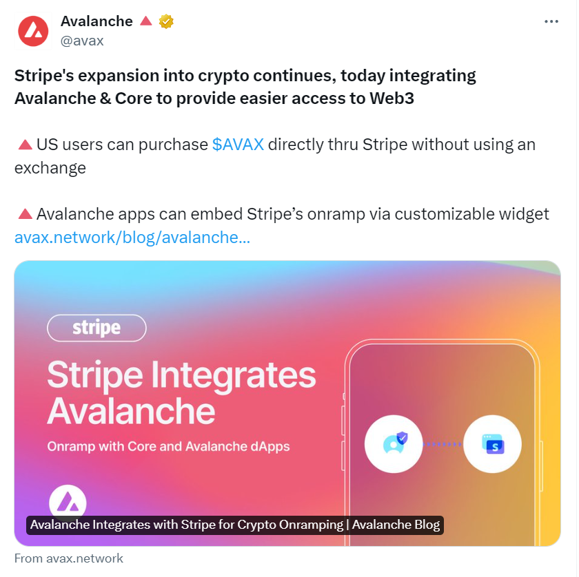 Avalanche integrates with Stripe for fiat-to-crypto onboarding
