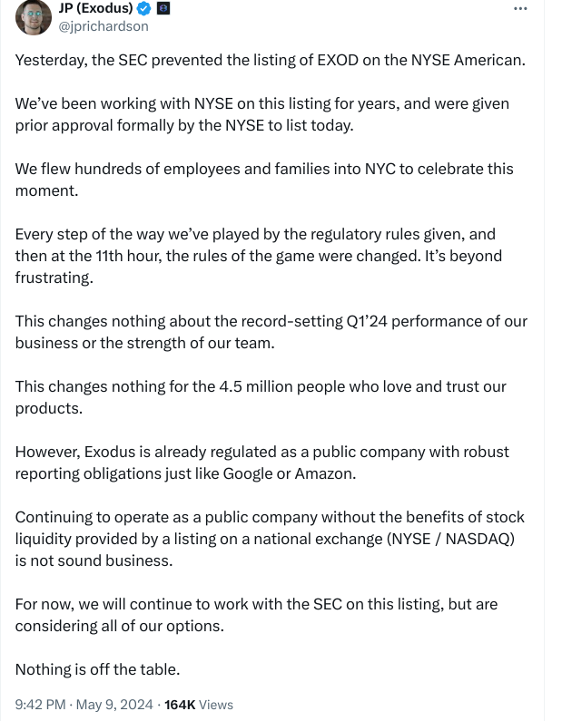 Exodus CEO frustrated as SEC delays listing amid celebrations