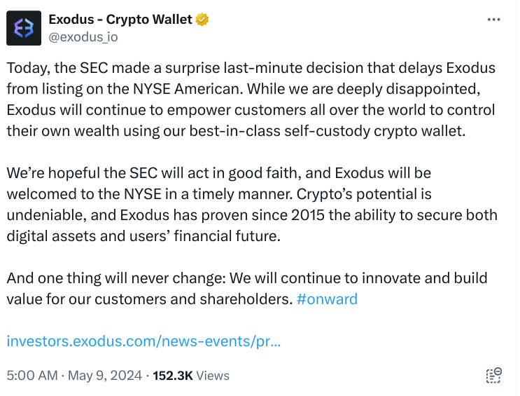 Exodus CEO frustrated as SEC delays listing amid celebrations