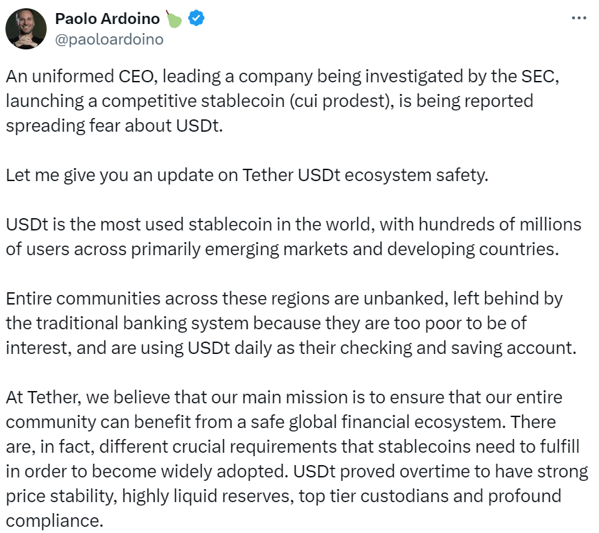 Tether discredits Ripple CEO comments over US scrutiny