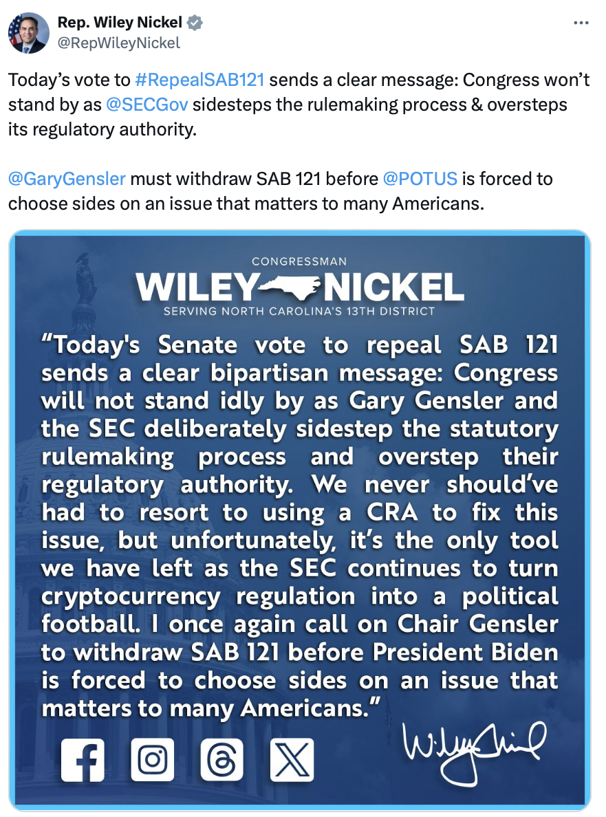 Biden may rethink SAB 121 vote veto due to political support for crypto