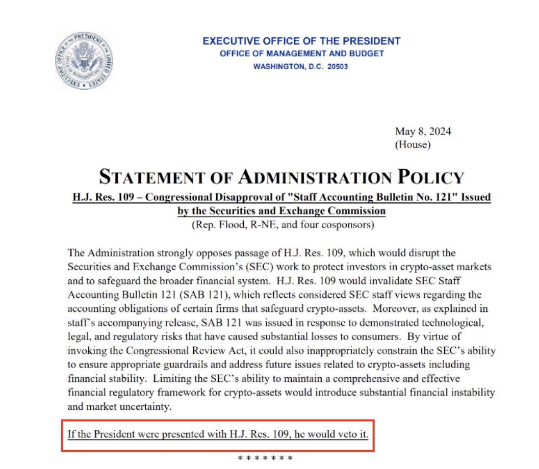 Biden may rethink SAB 121 vote veto due to political support for crypto