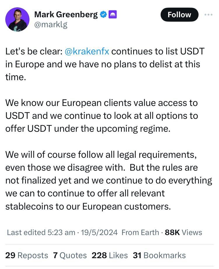 Crypto exchange Kraken has ‘no plans’ to delist USDT in Europe for now