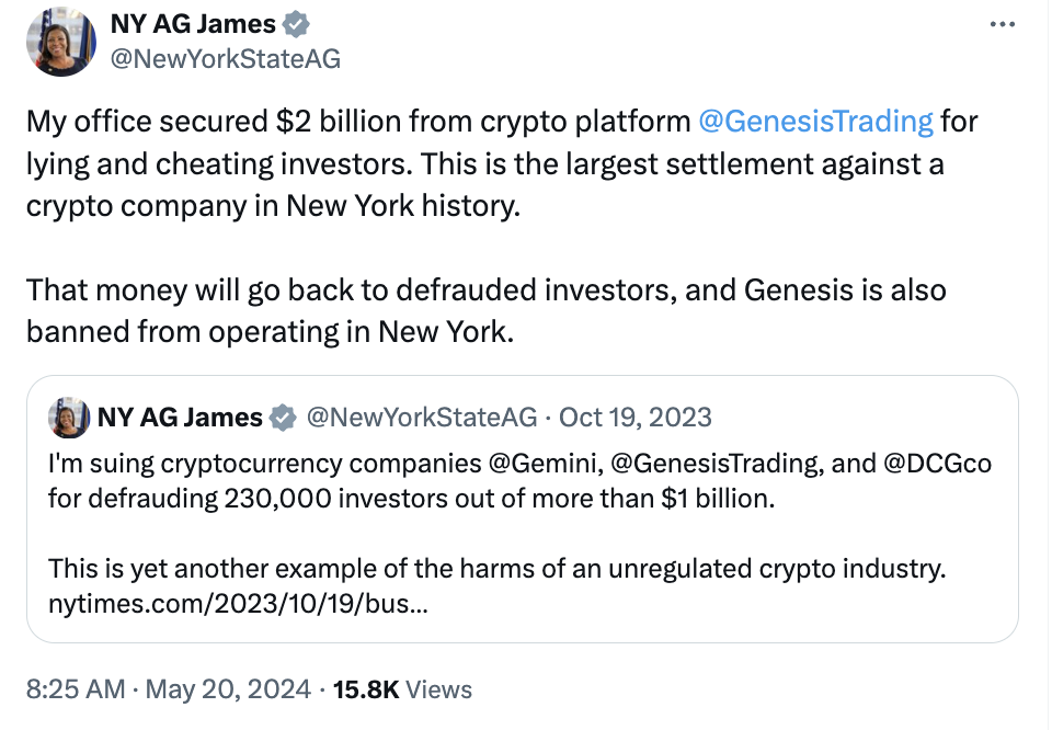 New York AG reaches $2B settlement with Genesis ‘for defrauded victims’
