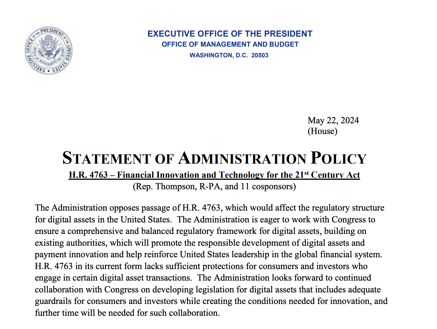 White House and SEC chair oppose FIT21 bill ahead of House vote
