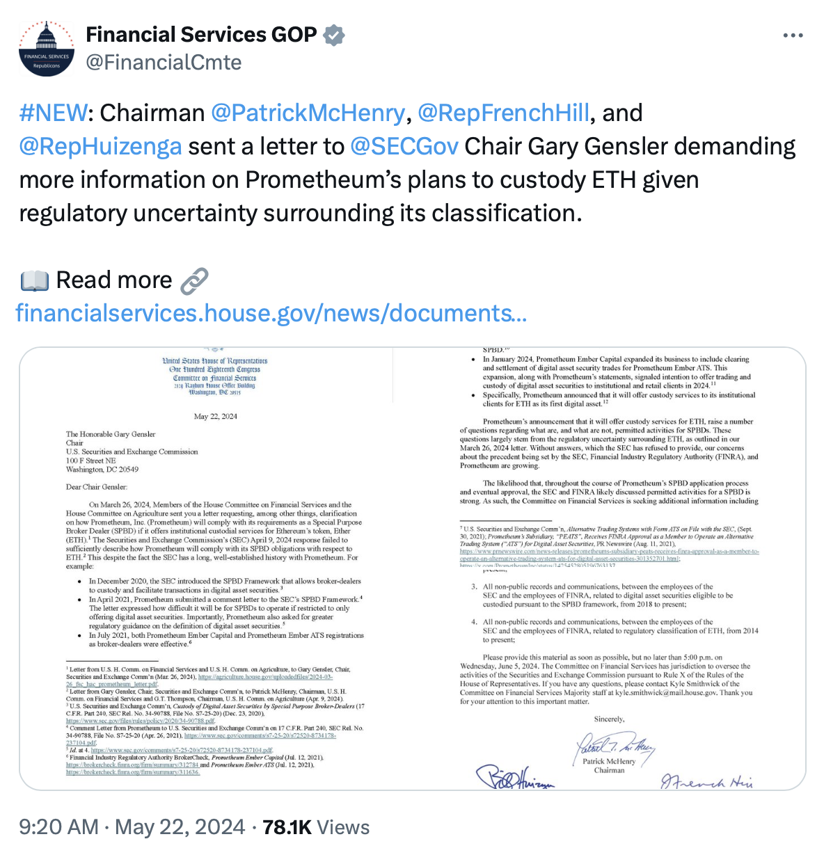 US lawmakers demand SEC-FINRA records on Prometheum ETH custody