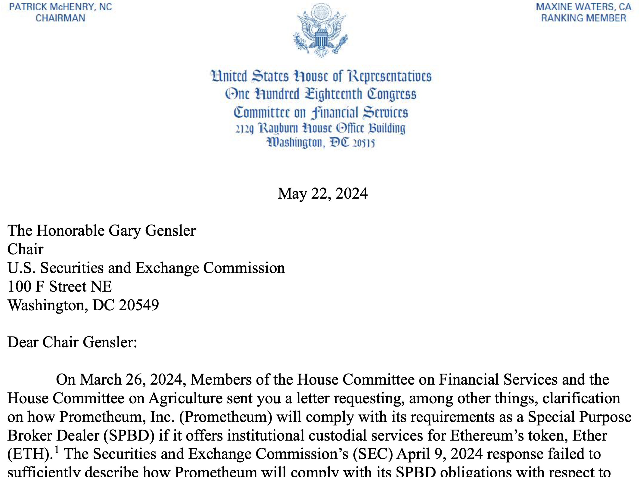 US lawmakers demand SEC-FINRA records on Prometheum ETH custody