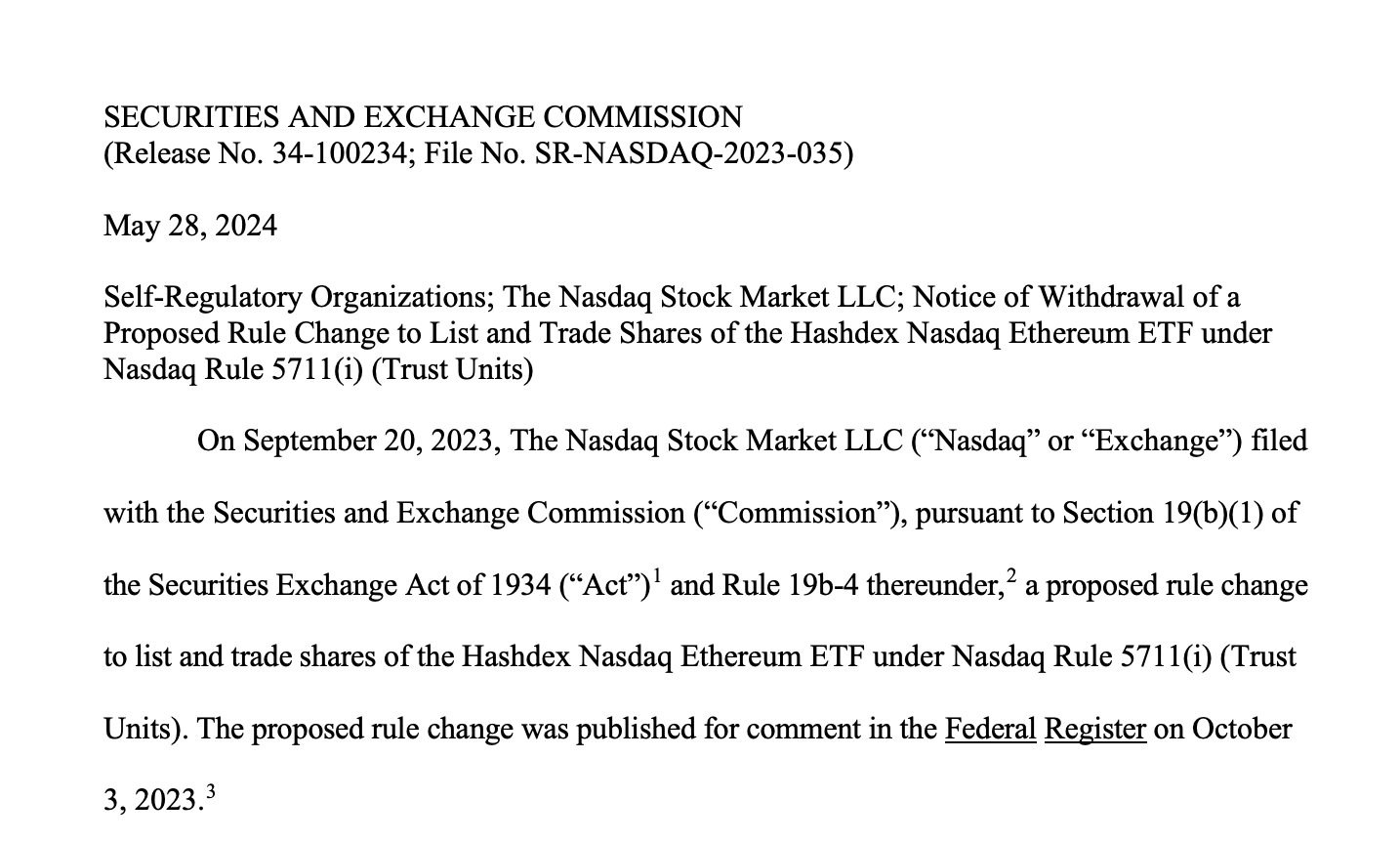 Hashdex withdraws spot Ether ETF application
