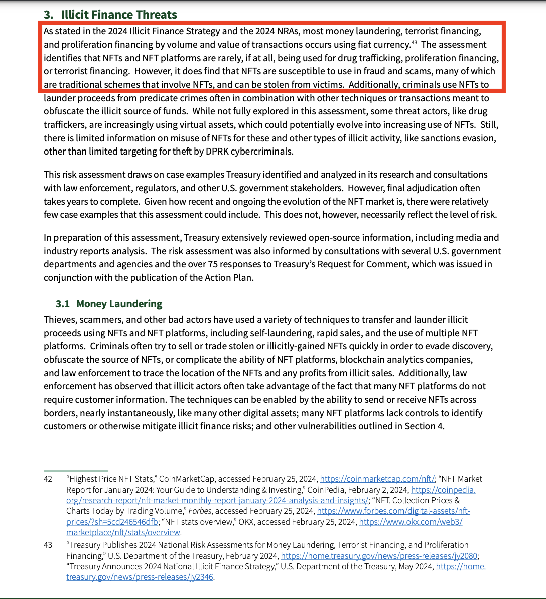 US Treasury report outlines potential financial risks of NFTs